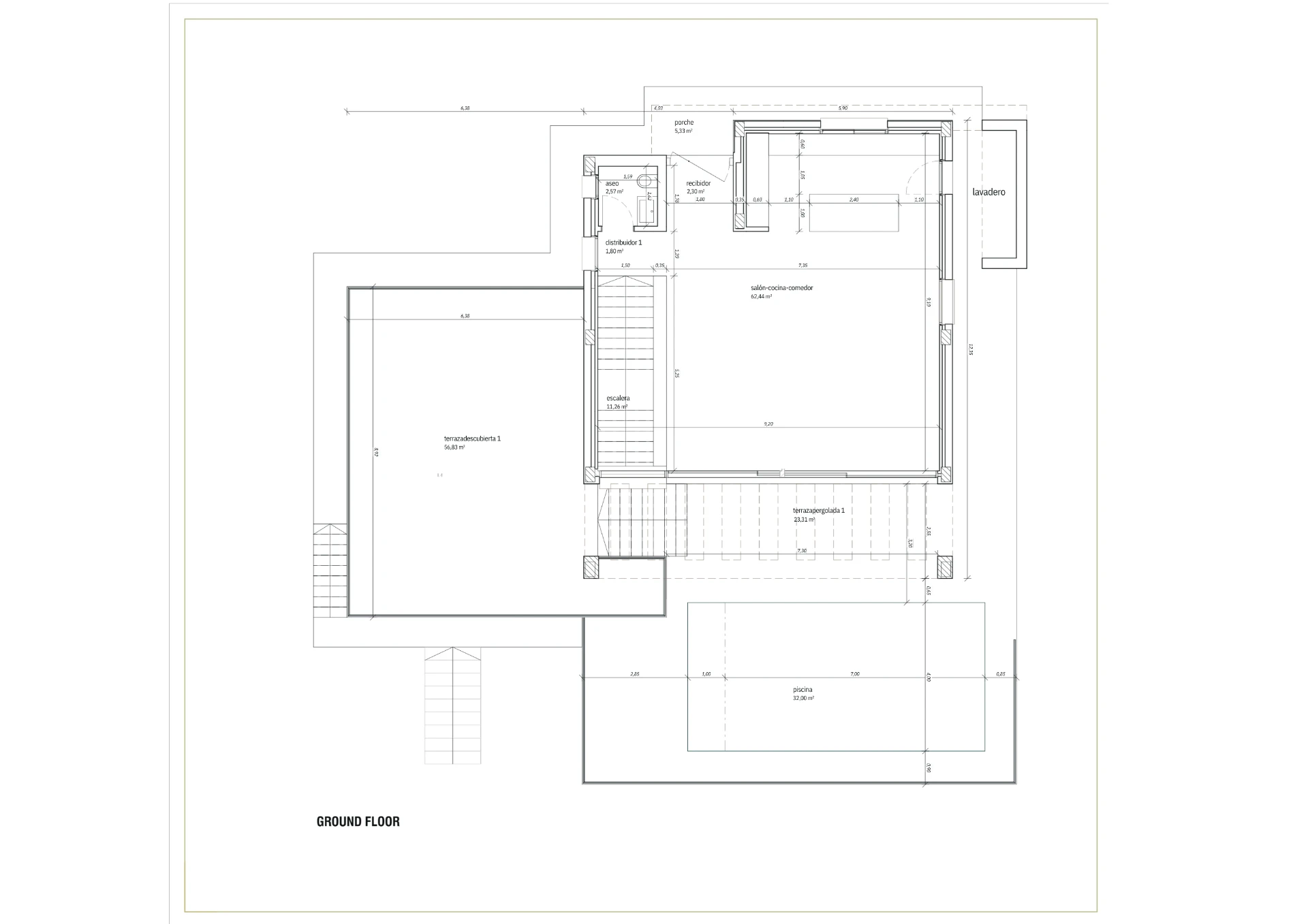 Ground floor plan with salón-cocina-comedor, terraces and pool