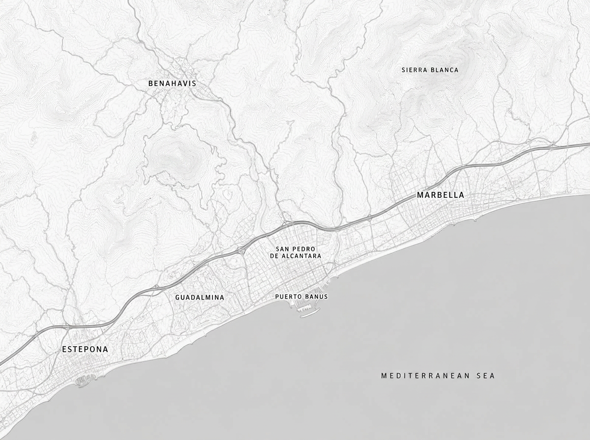 Greyscale map of Benahavís, Marbella and the surrounding Costa del Sol